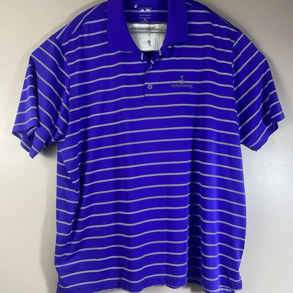 Adidas Polo Shirt Mens 2XL Streamsong Golf Club Blue Stripe Puremotion Stretch